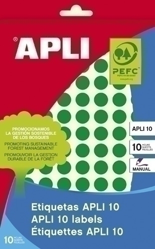APLI - ETIQUETAS ADH.MANUALES BOLSA COLOR VERDE 8h REDONDAS Ø 10 mm 1.008 uds.(0) (Ref.2733)