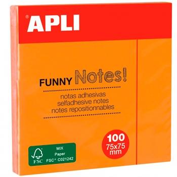 APLI - NOTAS ADHESIVAS FUNNY 75X75MM BLOC 100H NARANJA FLUORESCENTE -12U- (Ref.11900)
