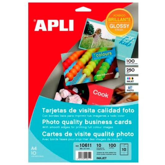 APLI - TARJETAS DE VISITA CANTOS RECTOS 89X51MM 250G BLANCO BRILLANTE -10 HOJAS- (Ref.10611)