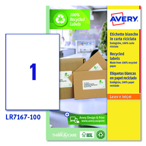 AVERY - ETIQUETAS ADH.IMPR. A4 BLANCA RECICLADA QUICKPEEL LASER 199.6x289.1 mm CAJA 100h (Ref.LR7167-100)