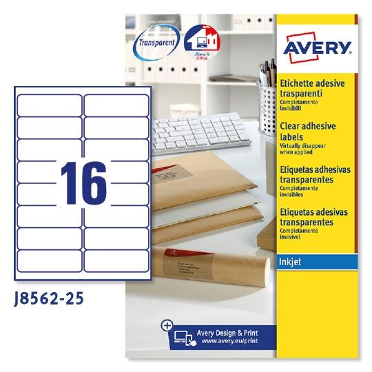 AVERY - ETIQUETAS TRANSPARENTES PARA SOBRES 99,1X33,9 MM INKJET 400 ETIQUETAS /25H (Ref.J8562-25)