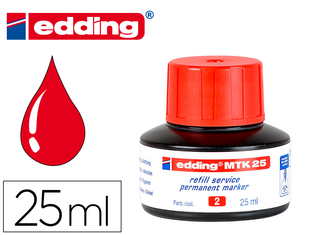 EDDING - TINTA ROTULADOR MTK25 CON SISTEMA CAPILAR COLOR ROJO FRASCO DE 25 ML (Ref.MTK-25-02)