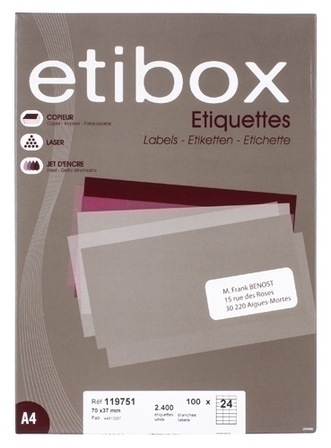 ETIBOX - ETIQUETAS ADH.IMPR. A4 BLANCA CAJA 100h C.RECTOS 105x 35 mm 1.600 uds. (Ref.ET119753)