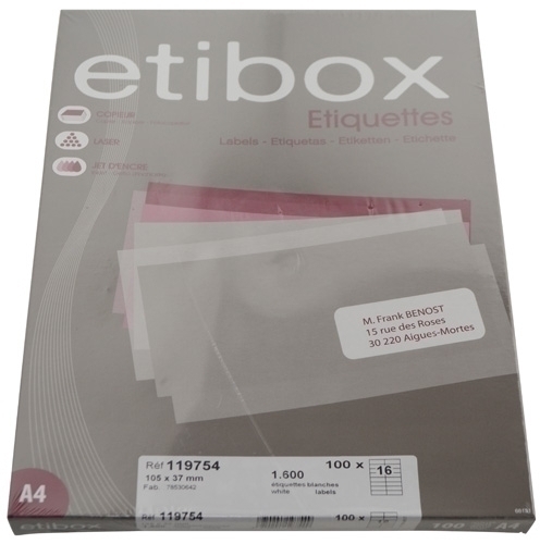 ETIBOX - ETIQUETAS ADH.IMPR. A4 BLANCA CAJA 100h C.RECTOS 105x 37 mm 1.600 uds. (Ref.ET119754)