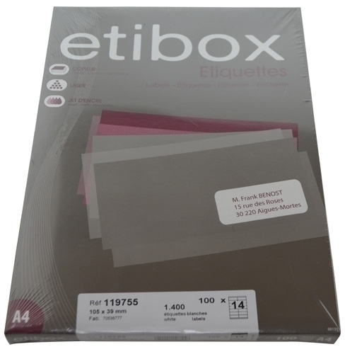 ETIBOX - ETIQUETAS ADH.IMPR. A4 BLANCA CAJA 100h C.RECTOS 105x 39 mm 1.400 uds. (Ref.ET119755)