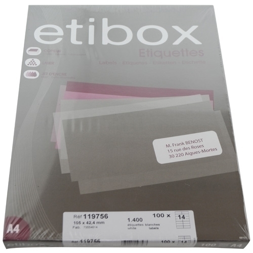 ETIBOX - ETIQUETAS ADH.IMPR. A4 BLANCA CAJA 100h C.RECTOS 105x 42,4 mm 1.400 uds. (Ref.ET119756)