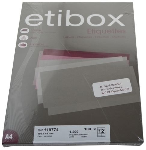 ETIBOX - ETIQUETAS ADH.IMPR. A4 BLANCA CAJA 100h C.RECTOS 105x 48 mm 1.200 uds. (Ref.ET119774)