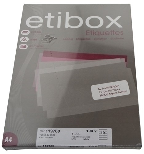 ETIBOX - ETIQUETAS ADH.IMPR. A4 BLANCA CAJA 100h C.RECTOS 105x 57 mm 1.000 uds. (Ref.ET119768)