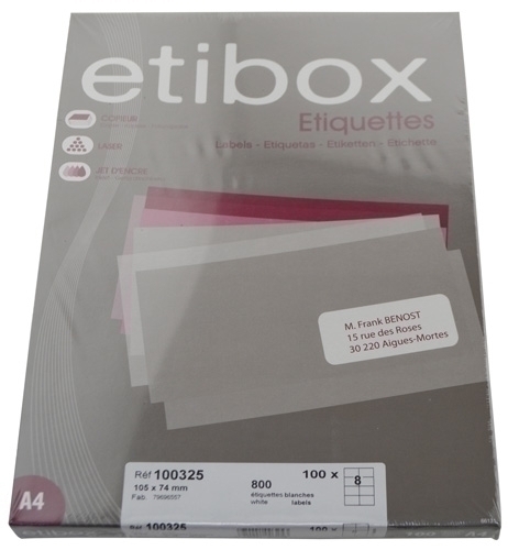 ETIBOX - ETIQUETAS ADH.IMPR. A4 BLANCA CAJA 100h C.RECTOS 105x 74 mm 800 uds. (Ref.ET100325)