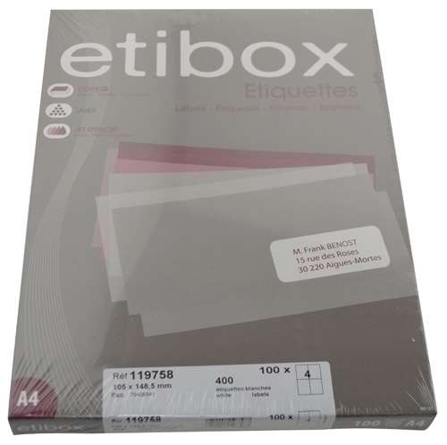 ETIBOX - ETIQUETAS ADH.IMPR. A4 BLANCA CAJA 100h C.RECTOS 105x148,5 mm 400 uds. (Ref.ET119758)