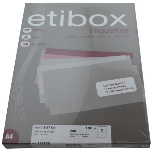 ETIBOX - ETIQUETAS ADH.IMPR. A4 BLANCA CAJA 100h C.RECTOS 210x148,5 mm 200 uds. (Ref.ET119759)