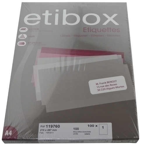 ETIBOX - ETIQUETAS ADH.IMPR. A4 BLANCA CAJA 100h C.RECTOS 210x297 mm 100 uds. (Ref.ET119760)