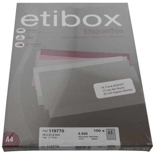 ETIBOX - ETIQUETAS ADH.IMPR. A4 BLANCA CAJA 100h C.RECTOS 38x21,2 mm 6.500 uds. (Ref.ET119770)