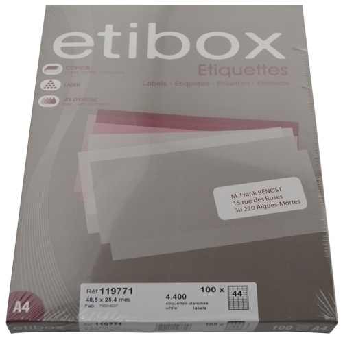 ETIBOX - ETIQUETAS ADH.IMPR. A4 BLANCA CAJA 100h C.RECTOS 48,5x25,4 mm 4.400 uds. (Ref.ET119771)