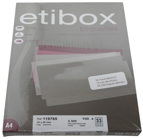ETIBOX - ETIQUETAS ADH.IMPR. A4 BLANCA CAJA 100h C.RECTOS 70x25 mm 3.300 uds. (Ref.ET119765)
