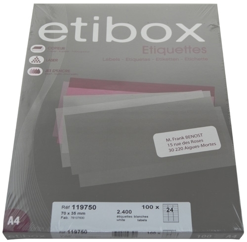 ETIBOX - ETIQUETAS ADH.IMPR. A4 BLANCA CAJA 100h C.RECTOS 70x35 mm 2.400 uds. (Ref.ET119750)