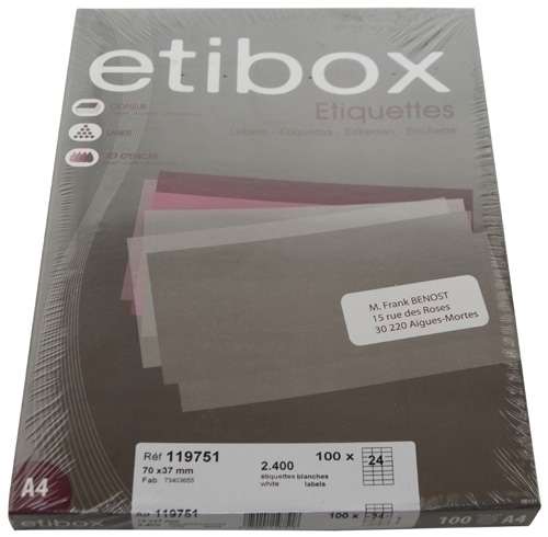 ETIBOX - ETIQUETAS ADH.IMPR. A4 BLANCA CAJA 100h C.RECTOS 70x37 mm 2.400 uds. (Ref.ET119751)