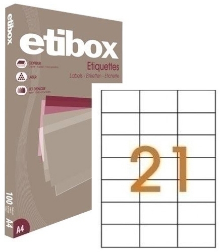 ETIBOX - ETIQUETAS ADH.IMPR. A4 BLANCA CAJA 100h C.RECTOS 70x42,4 mm 2.100 uds. (Ref.ET119752)