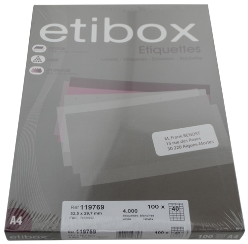 ETIBOX - ETIQUETAS ADH.IMPR. A4 BLANCA CAJA 100h C.ROMOS 52,5x29,7 mm 4.000 uds. (Ref.ET119769)