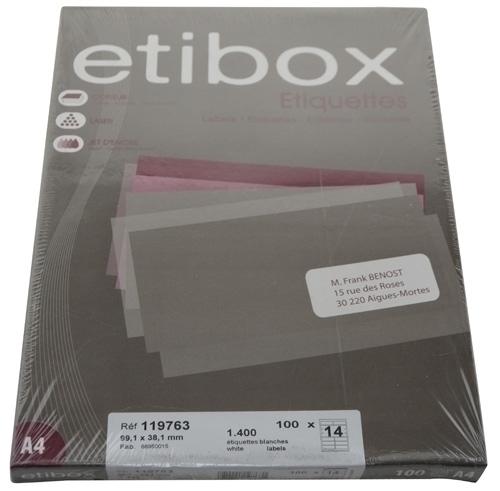 ETIBOX - ETIQUETAS ADH.IMPR. A4 BLANCA CAJA 100h C.ROMOS 99,1x38,1 mm 1.400 uds. (Ref.ET119763)