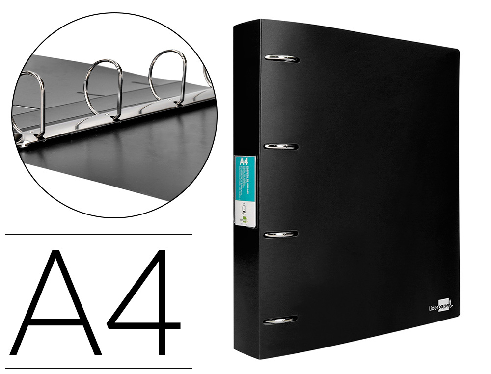 LIDERPAPEL - CARPETA 4 ANILLAS 40 MM MIXTAS POLIPROPILENO DIN A4 NEGRO OPACO (Ref.CH37)