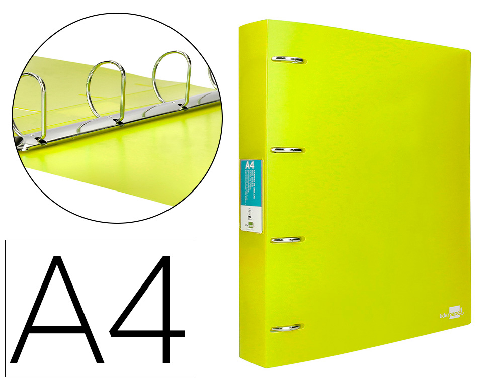 LIDERPAPEL - CARPETA 4 ANILLAS MIXTAS 40 MM POLIPROPILENO DIN A4 AMARILLO FLUOR OPACO (Ref.CH42)