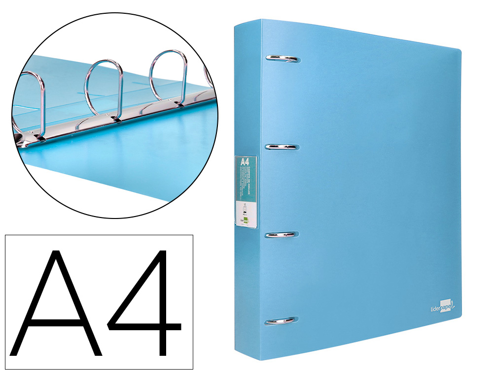 LIDERPAPEL - CARPETA 4 ANILLAS MIXTAS 40 MM POLIPROPILENO DIN A4 CELESTE OPACO (Ref.CH45)
