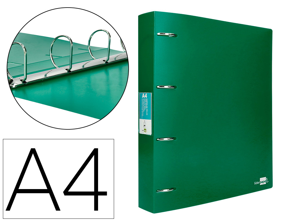 LIDERPAPEL - CARPETA 4 ANILLAS MIXTAS 40 MM POLIPROPILENO DIN A4 VERDE TRANSLUCIDO (Ref.CH41)