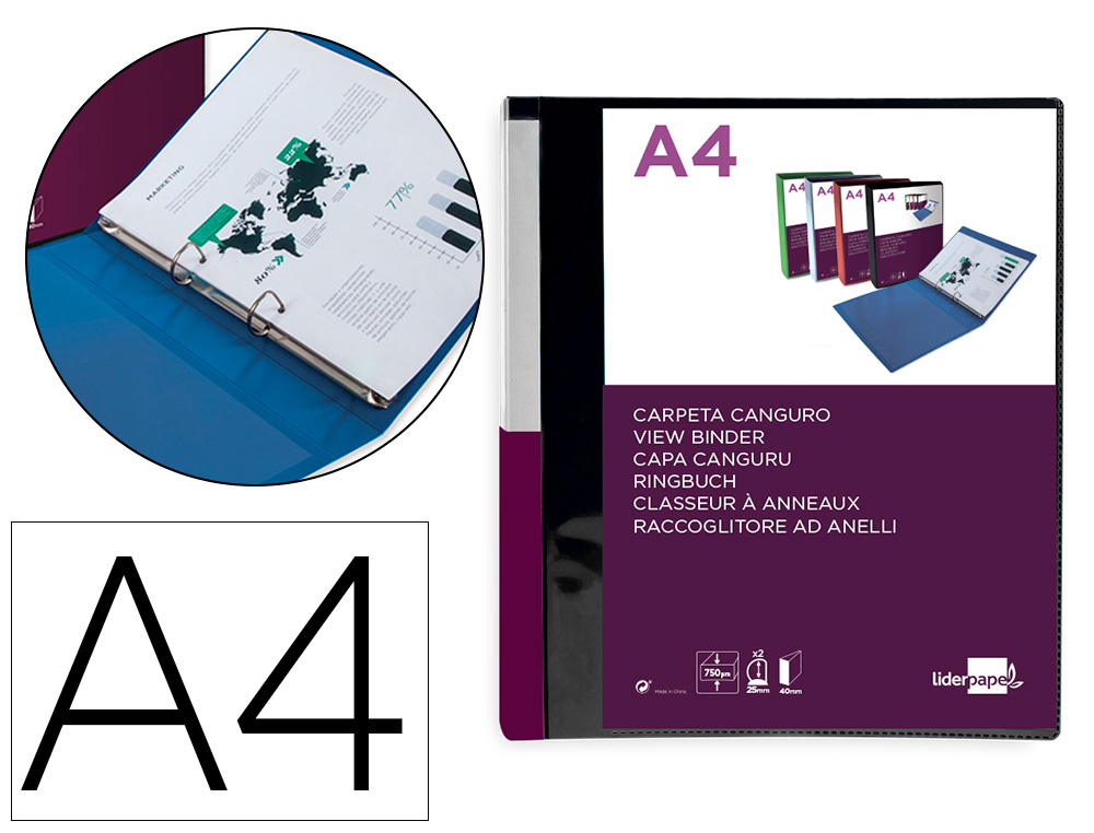 LIDERPAPEL - CARPETA CANGURO 2 ANILLAS 25 MM MIXTAS POLIPROPILENO DIN A4 NEGRO OPACO (Ref.KG48)