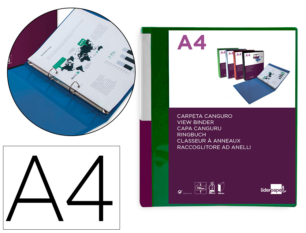 LIDERPAPEL - CARPETA CANGURO 2 ANILLAS 25 MM MIXTAS POLIPROPILENO DIN A4 VERDE TRANSLUCIDO (Ref.KG51)