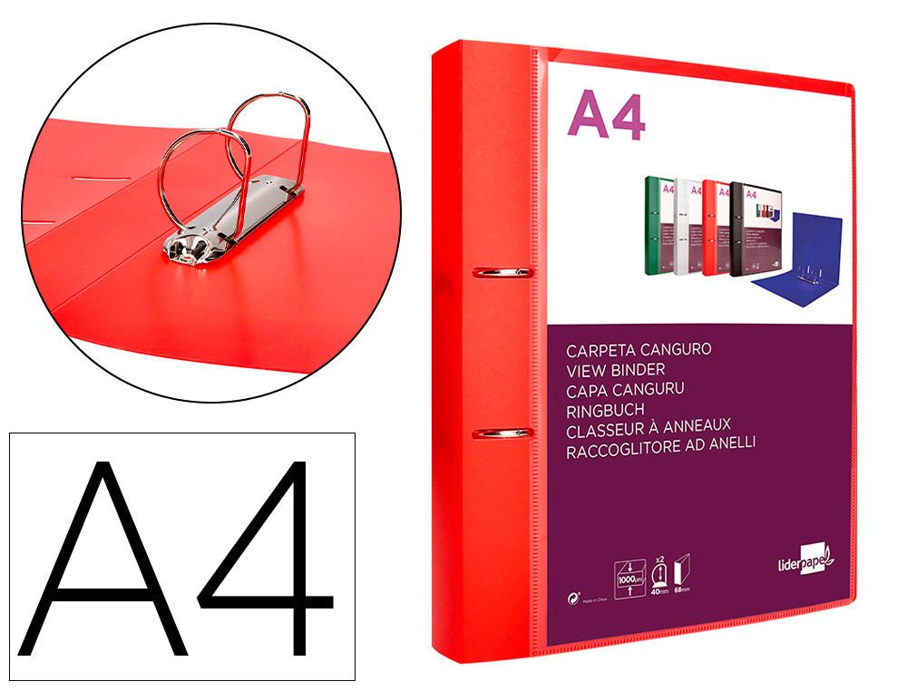 LIDERPAPEL - CARPETA CANGURO 2 ANILLAS 40 MM MIXTAS POLIPROPILENO DIN A4 ROJO TRANSLICUDO (Ref.CH50)