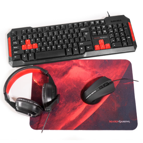 MARS GAMING - 4IN1 GAMING KIT: ULTRA-BASS HEADSET, MUTIMEDIA GAMING KEYBOARD SPANISH, 3200DPI MOUSE, 320X250MM MOUSEPAD (Ref.MRCP1)