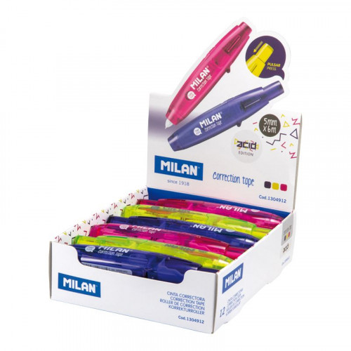 MILAN - CAJA EXPOSITORA 12 CINTAS CORRECTORAS CON PULSADOR 5 MM X 6 (Ref.1304912)
