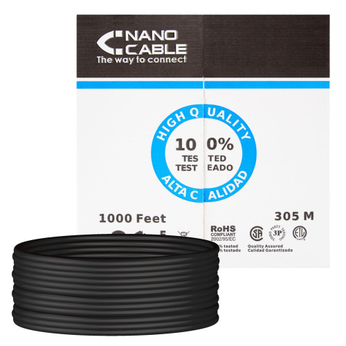 NANOCABLE - Cable Red RJ45 Cat.5e UTP Rigido AWG24 Exterior, 305 M (Ref.10.20.0304-EXT-BK)