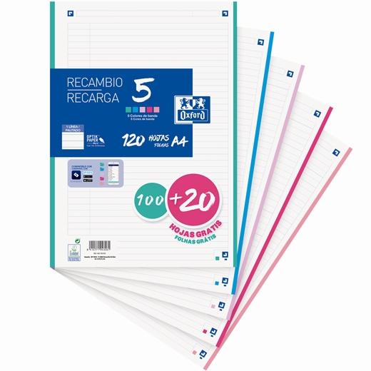 OXFORD - RECAMBIO 100H + 20H GRATIS 4 TALADROS A4 90GR 1 LÍNEA 5 BANDAS C/SURTIDOS PASTEL (Ref.400159876)