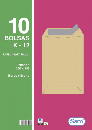 SAM - PAQUETES DE 10 BOLSAS KRAFT, CON TIRA DE SILICONA TAMAÑO 250X353 90 GRS. (Ref.665101)