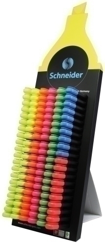 SCHNEIDER - MARCADOR FLUOR JOB SURTIDO EXPOSITOR de 150
(50x amarillo, 30x verde, 30x fucsia, 20x naranja, 10x rojo, 10x azul) (Ref.302481)