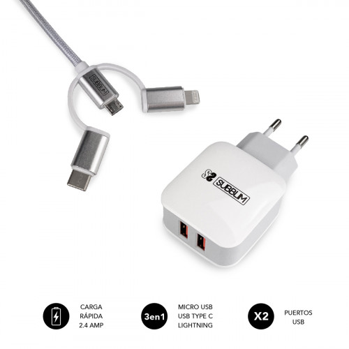 SUBBLIM - CARGADOR USB DE VIAJE/PARED 2xUSB (2.4A) + CABLE 3EN1 WHITE Plata, Blanco Interior (Ref.SUB-CHG-1ZWC01)