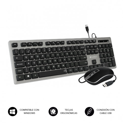 SUBBLIM - Teclado Ergonómico y ratón con cable USB Plano Silencioso Gris/Negro Ergo (Ref.SUBKBC-CEKE50)
