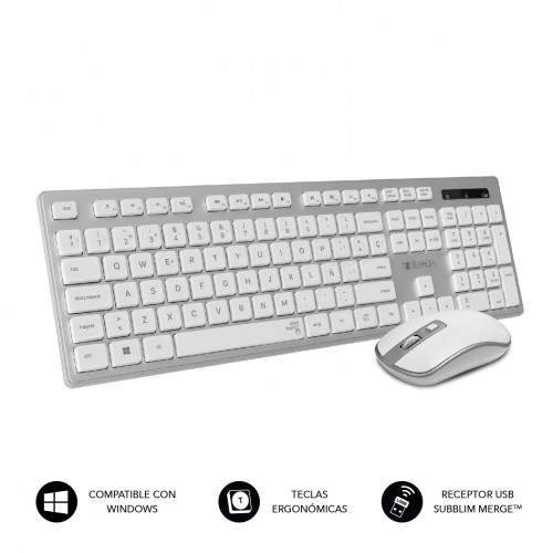 SUBBLIM - Teclado Ergonómico y ratón inalámbricos Plano Silencioso Plateado/Blanco Ergo (Ref.SUBKBW-CEKE10)