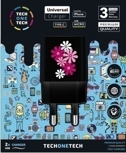 TECH ON TECH - CARGADOR DOBLE DE PARED BLACK FOWER POWER ALTO RENDIMIENTO 2,4A (Ref.TEC2601)