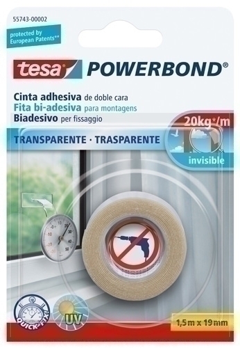 TESA - CINTA ADHESIVA DOBLE CARA POWERBOND rollo 1,5x19 TRANSPARENTE (Ref.55743-00002-03)