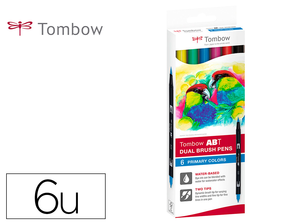 TOMBOW - ESTUCHE 6 ROTULADORES DOBLE PUNTA PINCEL COLORES PRIMARIOS DUAL BRUSH (CAJA CARTÓN) (Ref.ABT-6C-1)