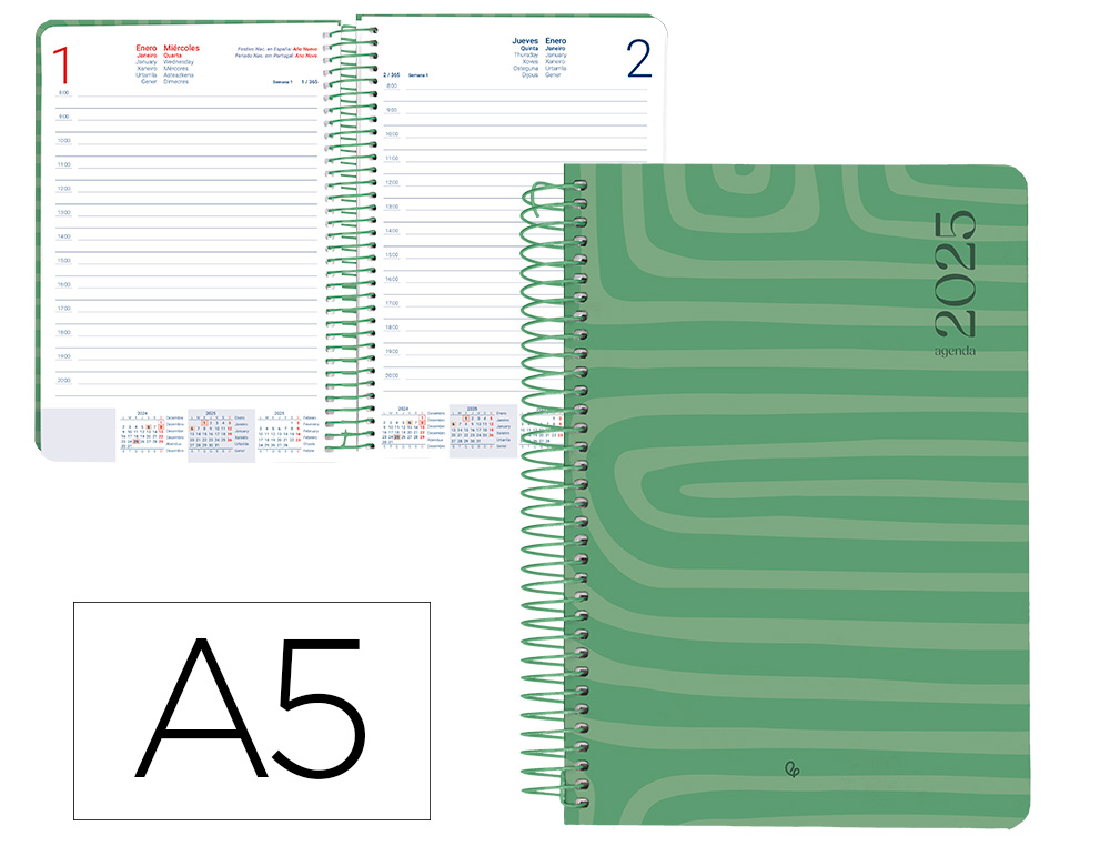 LIDERPAPEL - AGENDA ANUAL 2025 - SYROS - Espiral - Día Página - A5 148x210mm - VERDE (Ref.170421)