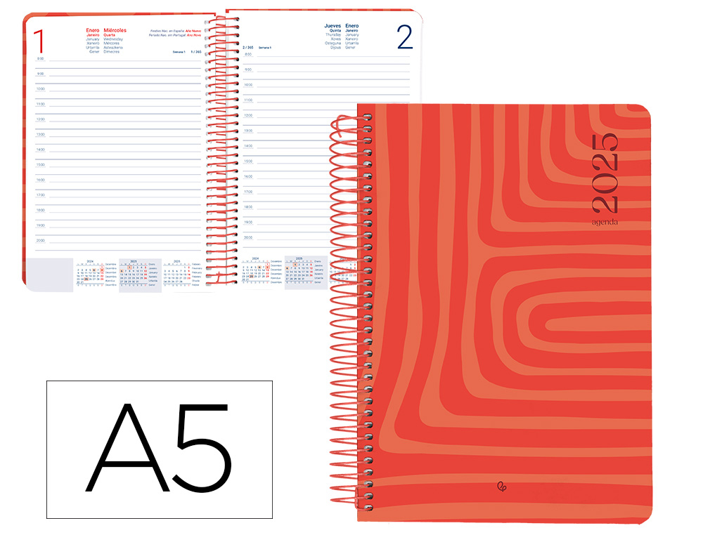 LIDERPAPEL - AGENDA ANUAL 2025 - SYROS - Espiral - Día Página - A5 148x210mm - ROJA (Ref.170420)