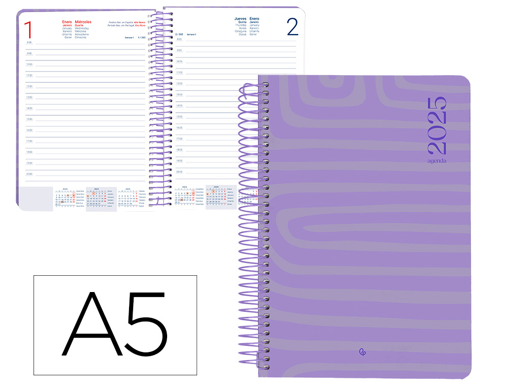 LIDERPAPEL - AGENDA ANUAL 2025 - SYROS - Espiral - Día Página - A5 148x210mm - MORADA (Ref.170423)