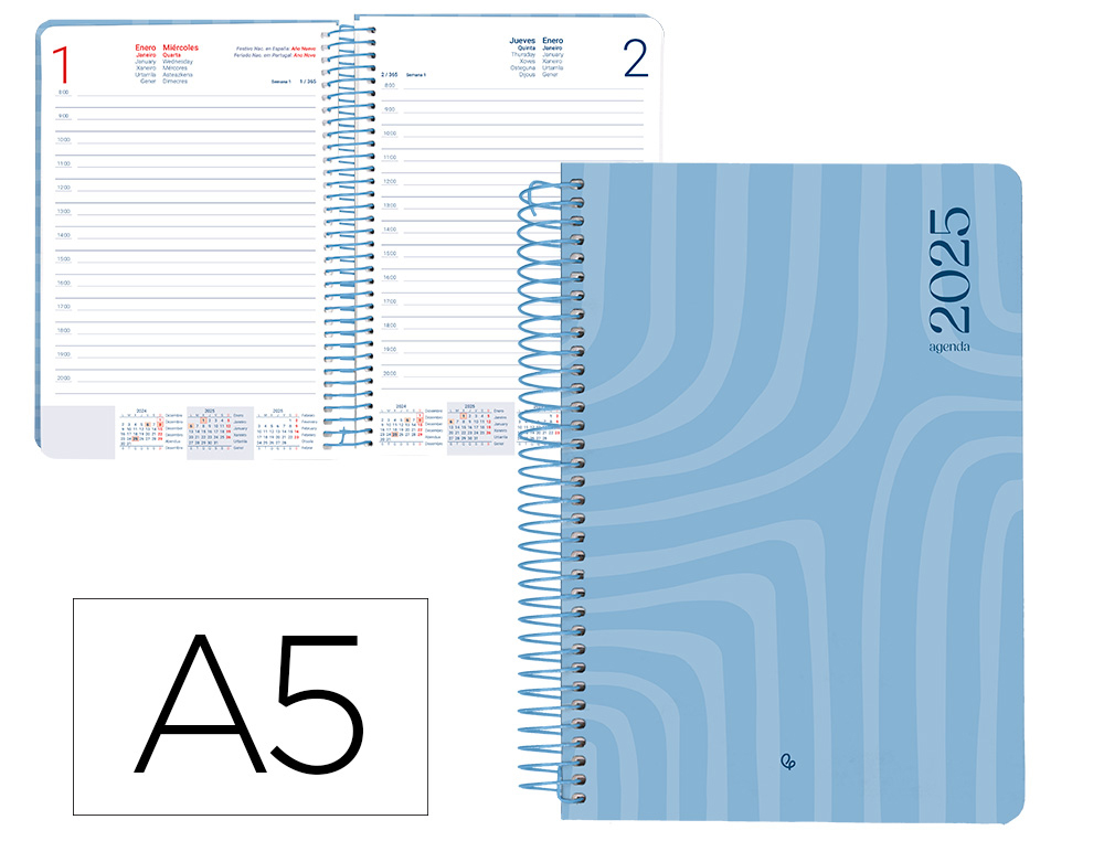 LIDERPAPEL - AGENDA ANUAL 2025 - SYROS - Espiral - Día Página - A5 148x210mm - AZUL (Ref.170419)