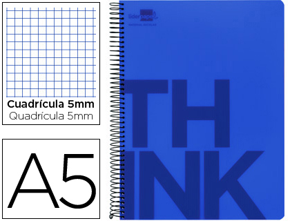 LIDERPAPEL - CUADERNO ESPIRAL A5 MICRO THINK TAPA PLASTICO 160H 80 GR CUADRO 5MM 5 BANDAS 6 TALADROS AZUL (Ref.BJ14)