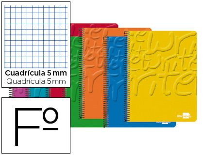 LIDERPAPEL - CUADERNO ESPIRAL FOLIO WRITE TAPA BLANDA 80H 60 GR CUADRO 5MM CON MARGEN COLORES SURTIDOS (Ref.BF13)