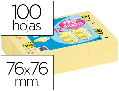 POST-IT - BLOC DE NOTAS ADHESIVAS QUITA Y PON 76X76MM -PACK PROMOCIONAL 24+12 (Ref.FT510280249)
